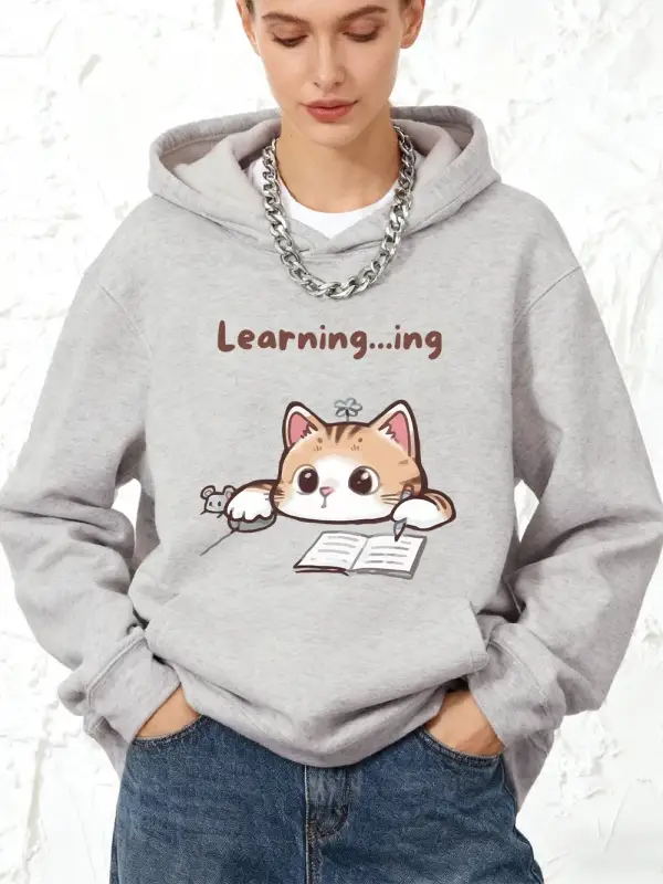 Tembel Çalışan Kedi Yaratıcı Baskılı Pamuklu Kapüşonlu Üstler Kadınlar İçin Kışlık Polar Sıca