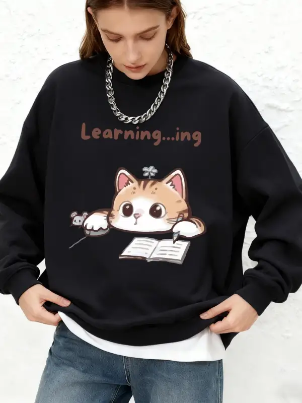Tembel Çalışan Kedi Yaratıcı Baskılı Sweatshirt Kadın Sonbahar Yuvarlak Yaka Büyük Beden Kapü