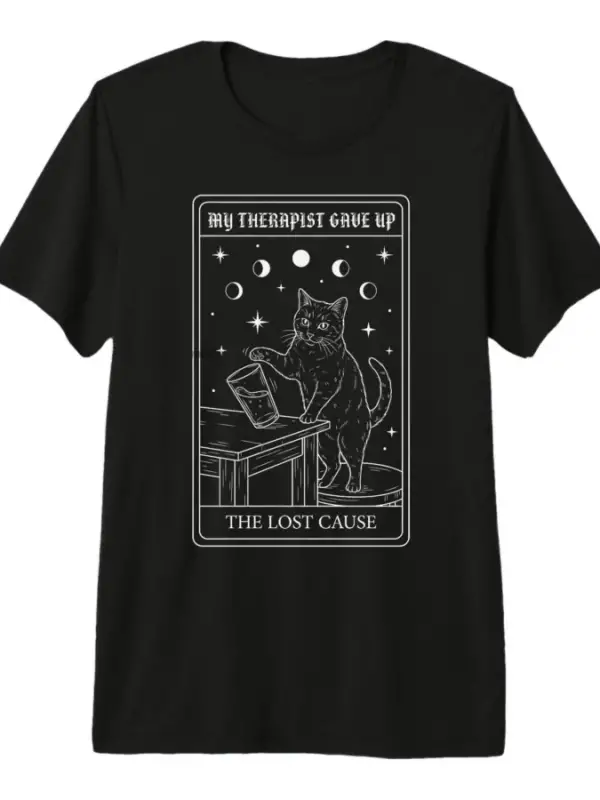 Terapistim Komik Tarot Kartı Vermeyecekçe Dedi Kedi T-shirt Erkekler Kadınlar için % 100% Pam