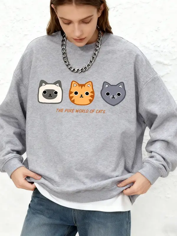The Pupe World Of Cats Baskılı Tişörtü Bayan Sonbahar Bisiklet Yaka Büyük Boy Kapüşonlular Sı