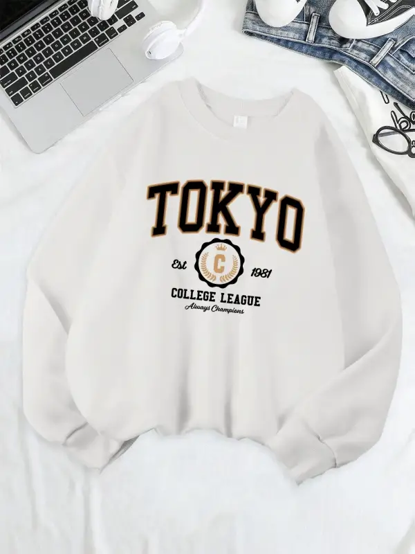 Tokyo College League Spor Baskılar Tişörtü Kadın Gevşek Rahat Hoodies Polar Sıcak sıfır yaka