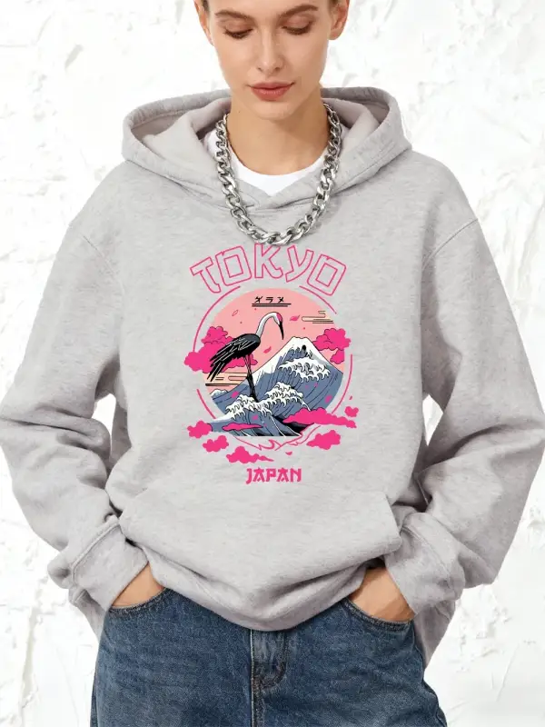 Tokyo Japonya Baskı Kapüşonlular Pamuk Bayanlar Kış Polar Sıcak Kazak Koşu Cep Tişörtü Sporti