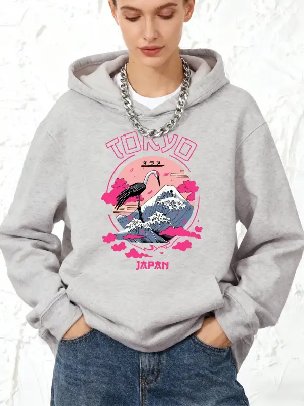 Tokyo Japonya Vinç Dalgaları Baskılı Kapüşonlu Üstler Pamuklu Kadın Sportif Bol Kazaklar Kışl