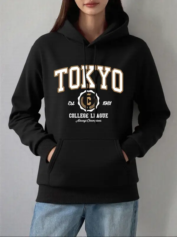 Tokyo Kolej Ligi Baskılar Hoodie Kadın Kış Polar Sıcak Kazak Temelleri Cep Kazak Rahat Rahat