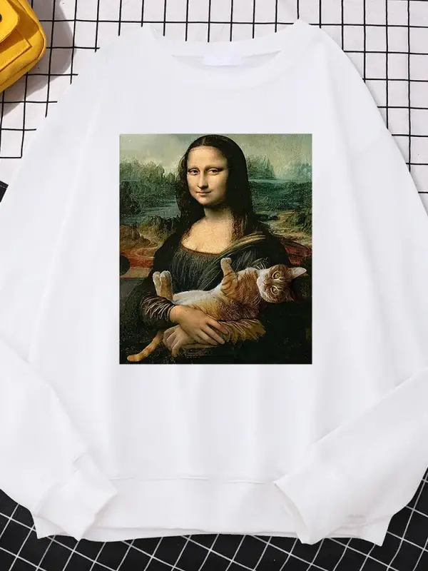 Trend Basit Kadın Kazak Ünlü Resim Mona Lisa Tutun Kedi Yaratıcılık Baskı Kapüşonlular Polar