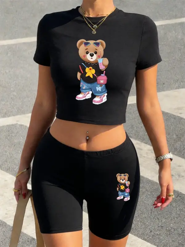 Trend Bear Sister İçecekler İçiyor Baskılı Babby TeeT-Shirt Şort Kadın İki Parçalı Set Üstleri Pa
