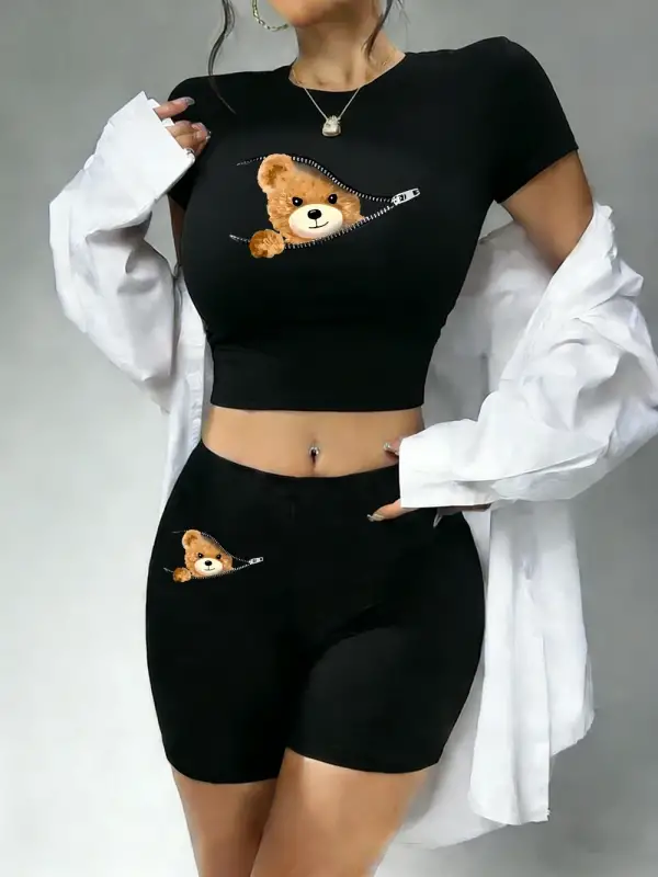 Trend Fermuarlı Ayı Desenli Baskılı Babby TeeTişört ve Şort Kadın İki Parçalı Set Üstler Pantolon