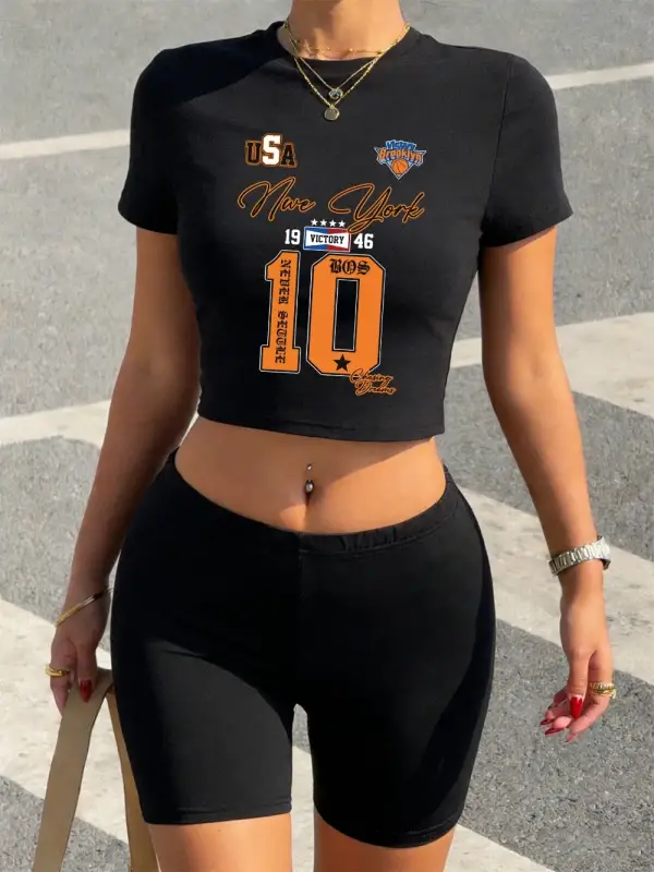 Trend New York Brooklys Numara 10 Baskılı Babby TeeTişört ve Şort Kadın İki Parça Takım Üst Panto