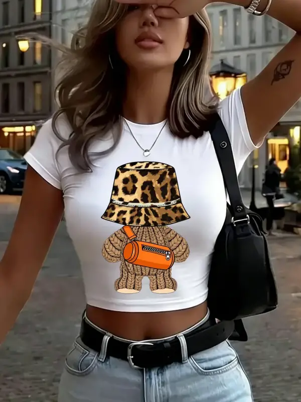 Trendy Karikatür Ayı Kıyafet Baskılar Kadın Kırpma T-Shirt Yaz O-Boyun İnce Üstler Yüksek Ela