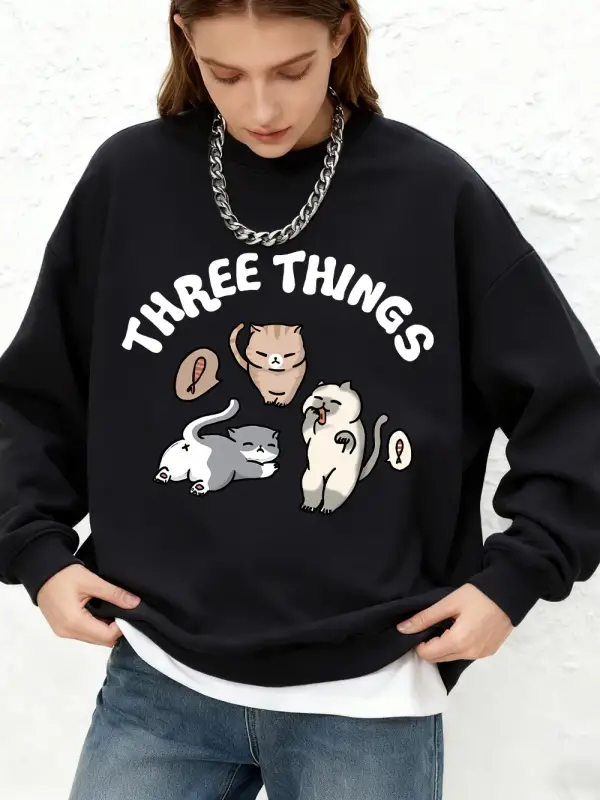 Üç Şeyler Kedi Baskı Kazak Bayan Rahat Büyük Boy Jogger Hoodie Sonbahar Uzun Kollu Sıcak Üstl