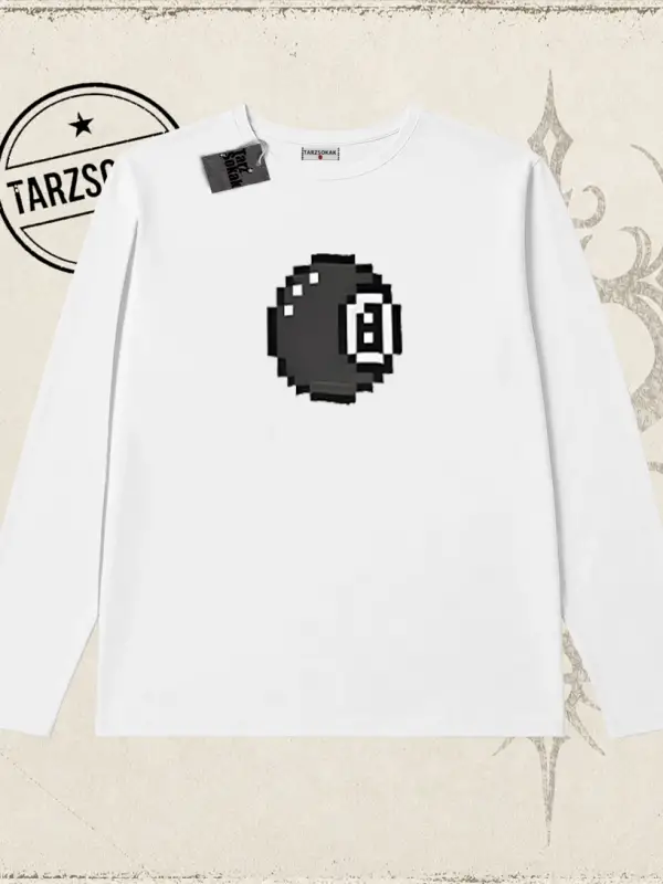 Unisex 8 Ball Biskilet Yaka  Long Sleeve Beyaz