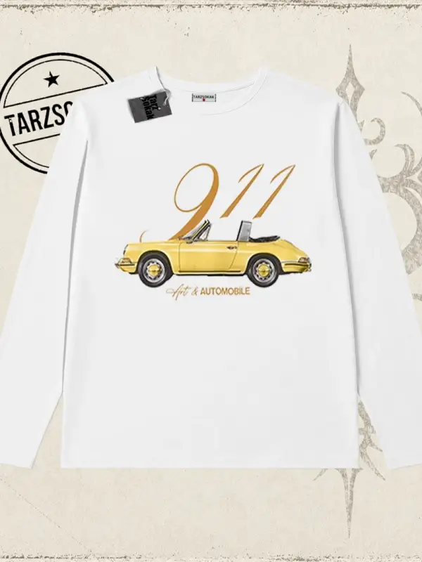 Unisex 911 Art and Automobile Biskilet Yaka  Long Sleeve Beyaz