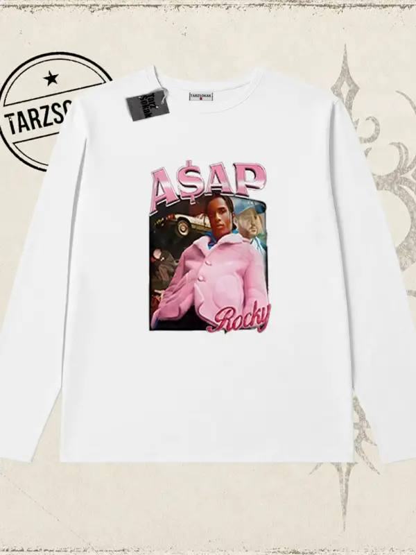 Unisex Asap Rocky Biskilet Yaka  Long Sleeve Beyaz