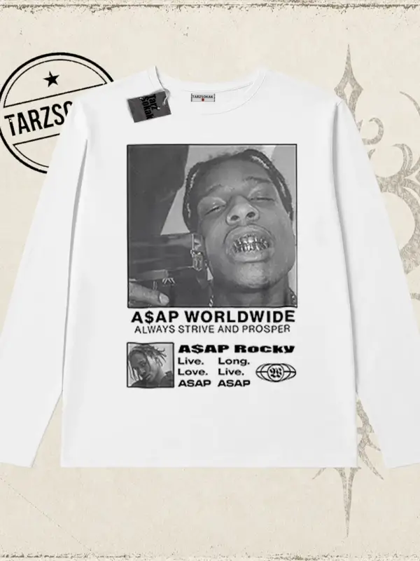 Unisex Asap Worldwide Biskilet Yaka  Long Sleeve Beyaz