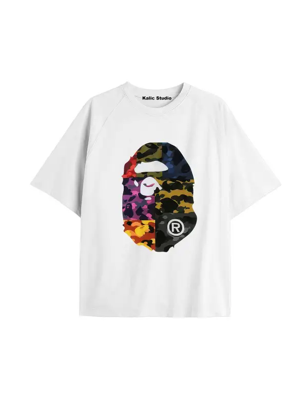 UNİSEX Bay Bape Desenli Beyaz Yazlık T-shirt