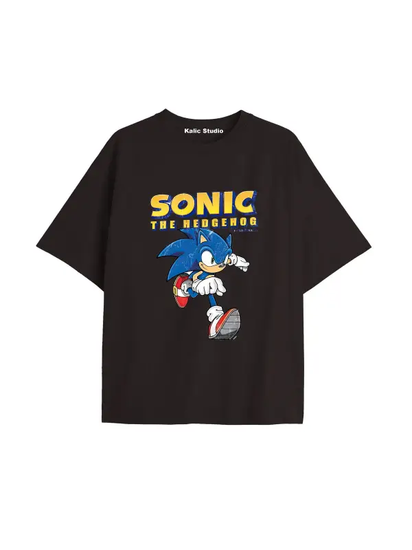 UNİSEX Bay Sonic Desenli Siyah Yazlık T-shirt