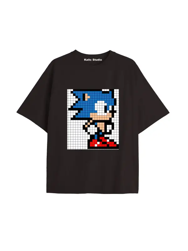 UNİSEX Bay Sonic Desenli Siyah Yazlık T-shirt