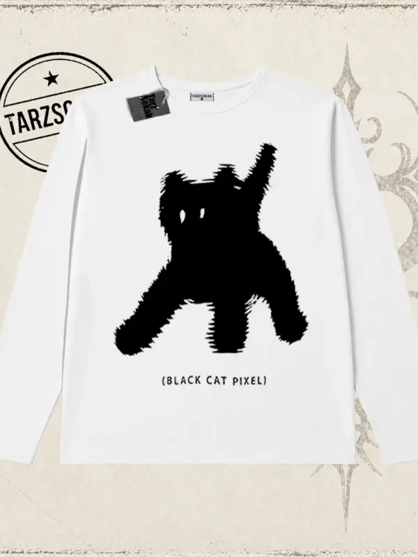 Unisex Black Cat Pixel Biskilet Yaka  Long Sleeve Beyaz