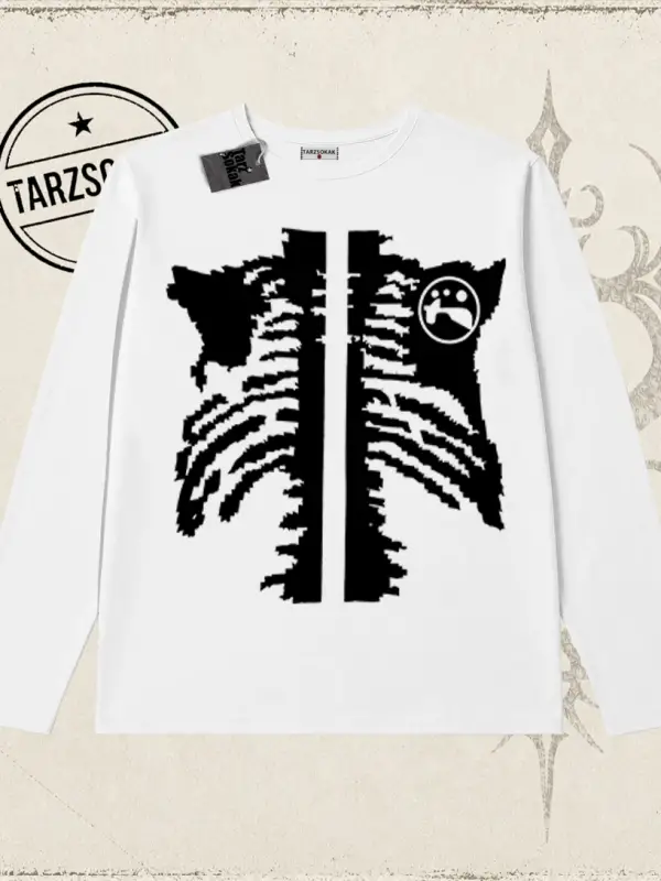 Unisex Cage Y2k Biskilet Yaka  Long Sleeve Beyaz
