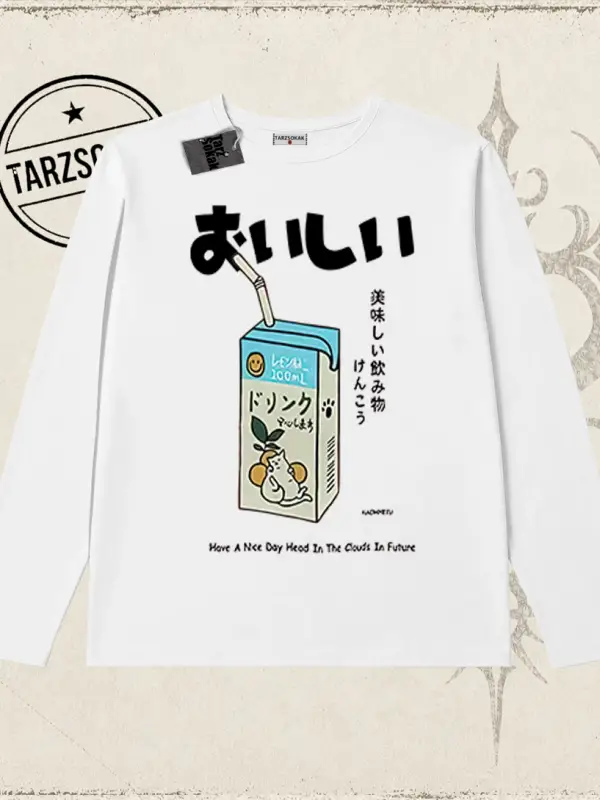 Unisex Cat Lemon Juice Biskilet Yaka  Long Sleeve Beyaz