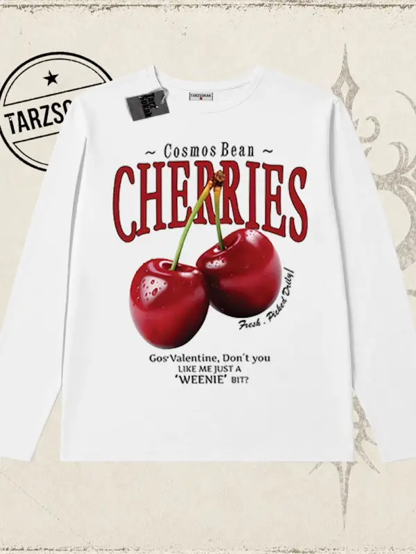 Unisex Cherries Biskilet Yaka  Long Sleeve Beyaz