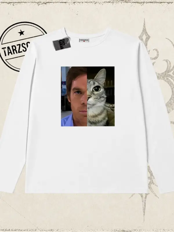 Unisex Dexter Cat Biskilet Yaka  Long Sleeve Beyaz