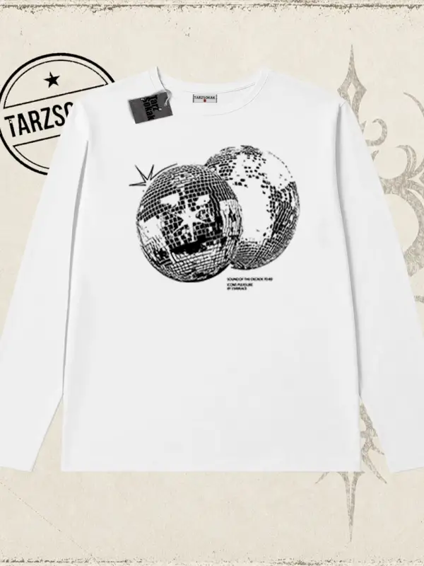 Unisex Discoball Biskilet Yaka  Long Sleeve Beyaz