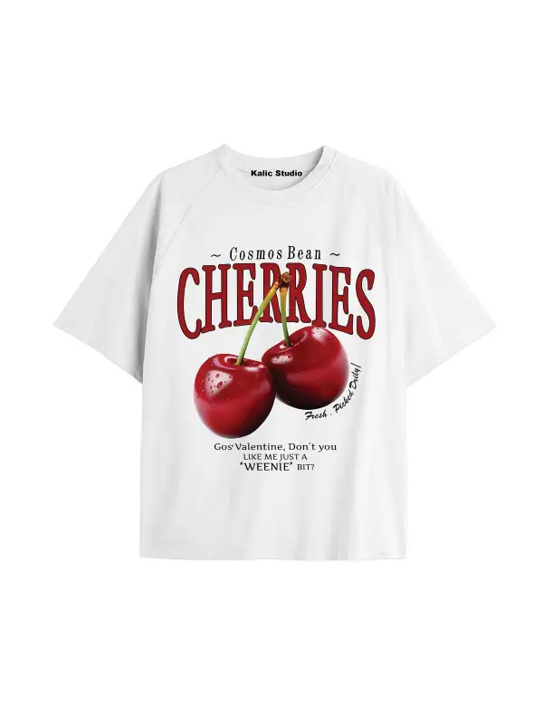Unisex Erkek Kadın CHERRIES Özel Baskılı Oversize Pamuklu Bisiklet Yaka T-Shirt