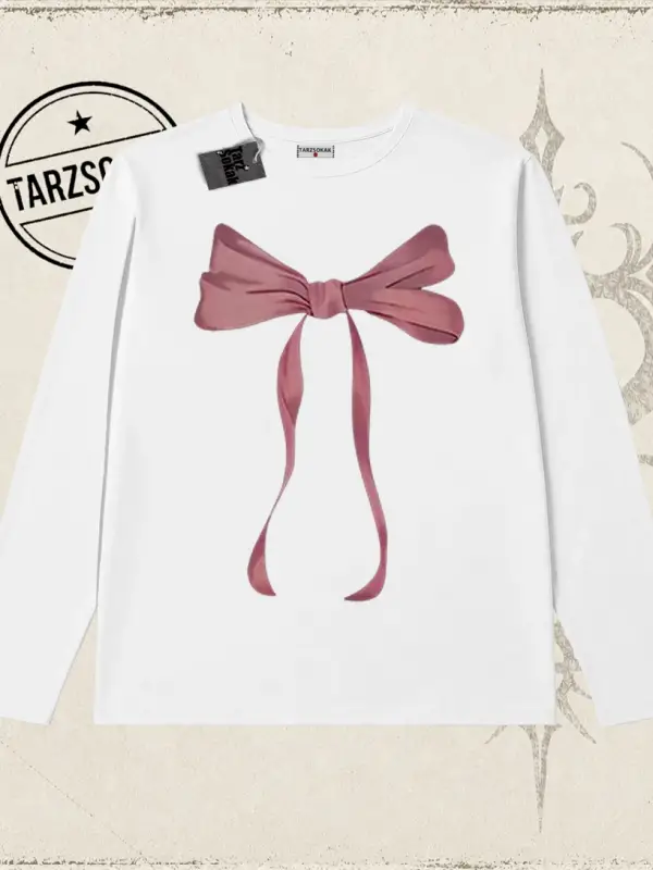 Unisex Fiyonk Kurdele Biskilet Yaka  Long Sleeve Beyaz