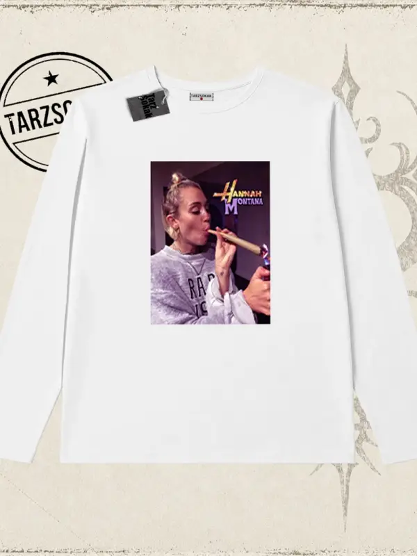 Unisex Hannah Montana Biskilet Yaka  Long Sleeve Beyaz
