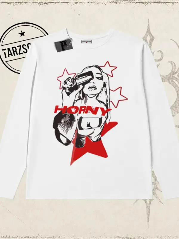Unisex Horny Star Biskilet Yaka  Long Sleeve Beyaz