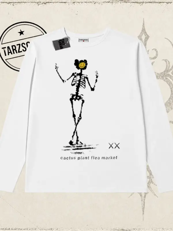 Unisex Iskelet Cactus Biskilet Yaka  Long Sleeve Beyaz