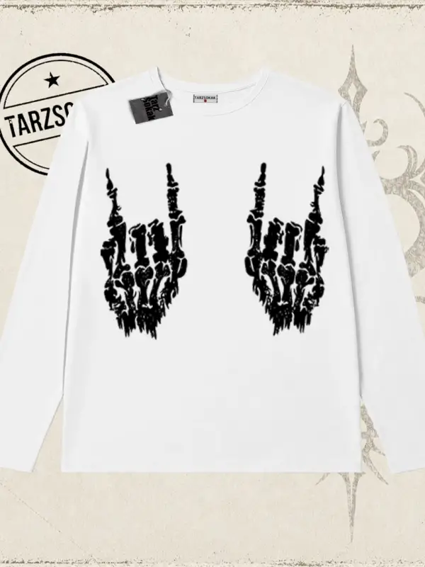 Unisex İskelet El Biskilet Yaka  Long Sleeve Beyaz