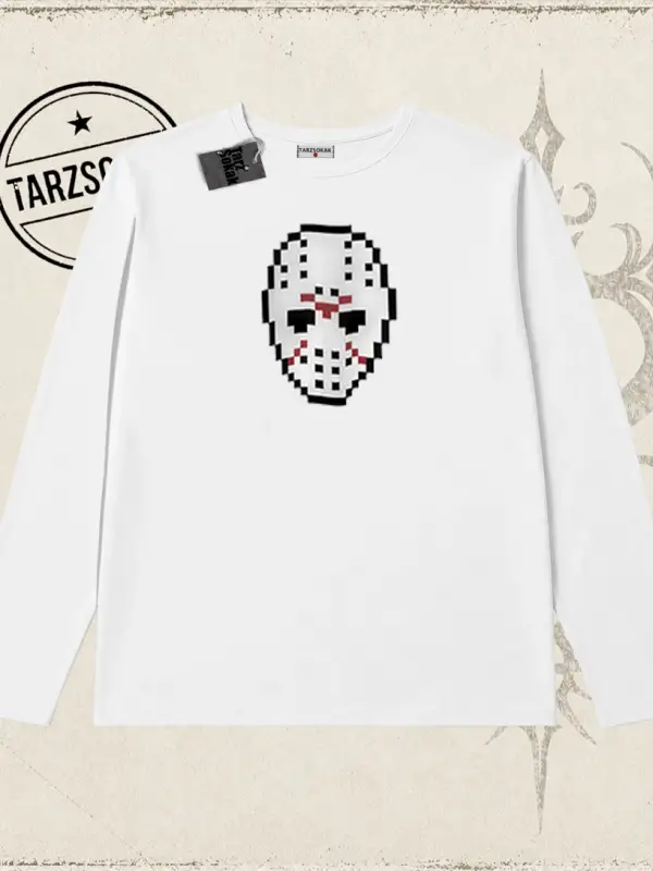 Unisex Jason Voorhees Mask Biskilet Yaka  Long Sleeve Beyaz