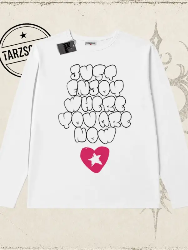 Unisex Just Enjoy Biskilet Yaka  Long Sleeve Beyaz
