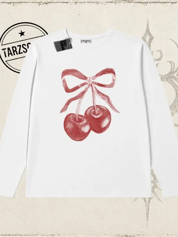 Unisex Kiraz Kurdele Tram Biskilet Yaka  Long Sleeve Beyaz