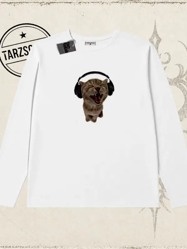 Unisex Kulaklıklı Kedi Biskilet Yaka  Long Sleeve Beyaz