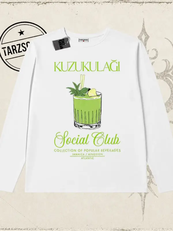 Unisex Kuzu Kulağı Biskilet Yaka  Long Sleeve Beyaz