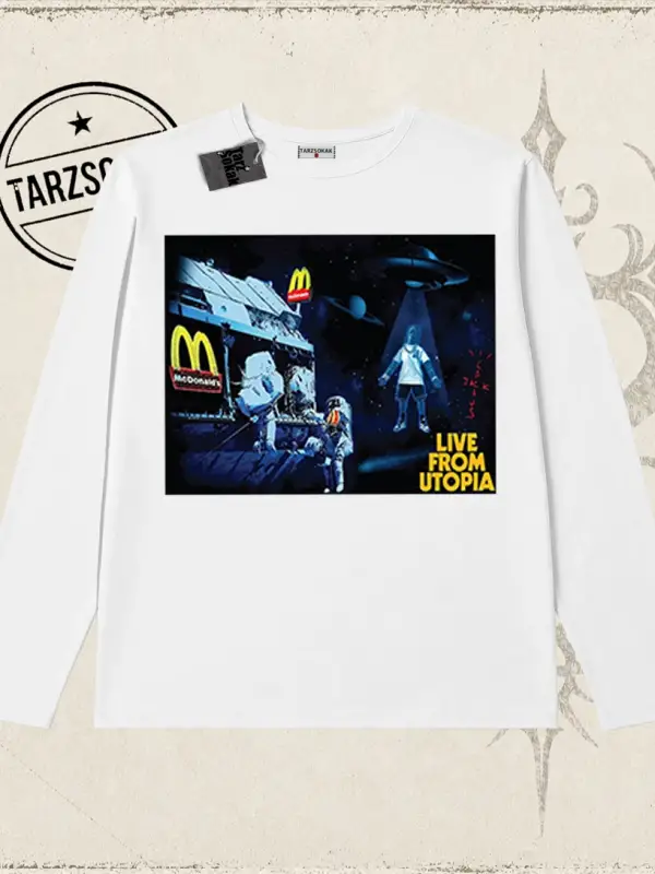 Unisex Live From Utopia Travis Scott Biskilet Yaka  Long Sleeve Beyaz