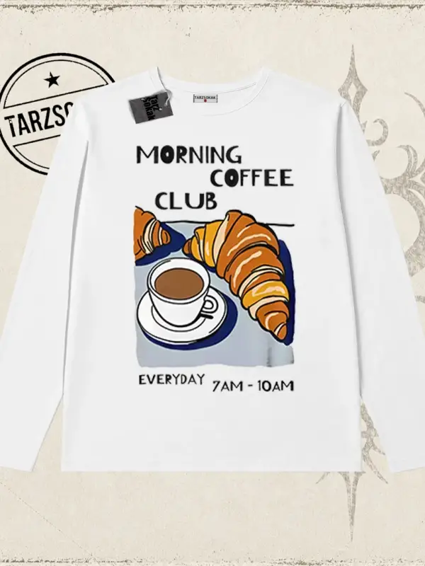 Unisex Morning Coffee Club Biskilet Yaka  Long Sleeve Beyaz