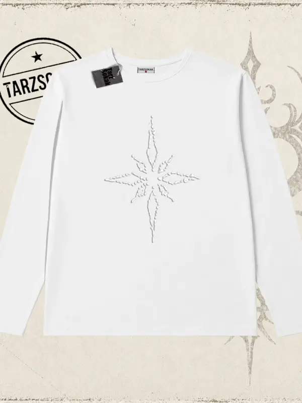Unisex Pusula Biskilet Yaka  Long Sleeve Beyaz