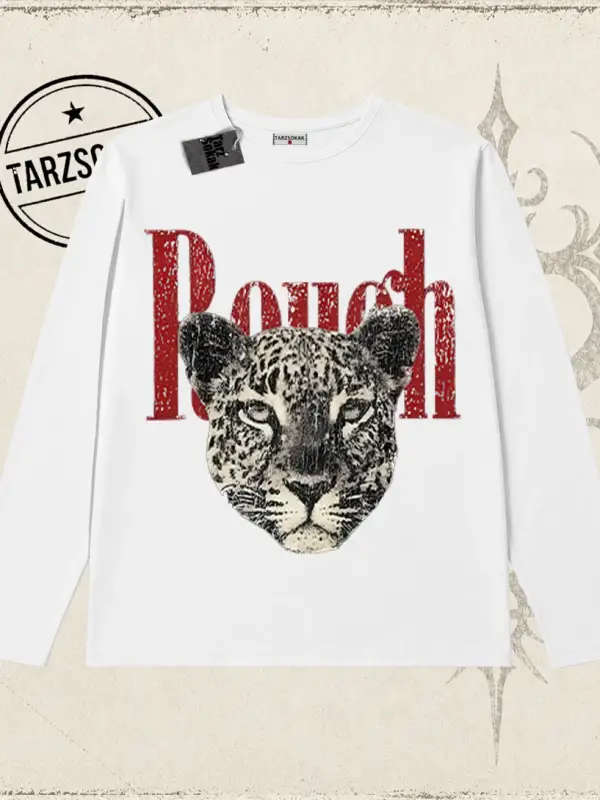 Unisex Rough Leopar Biskilet Yaka  Long Sleeve Beyaz