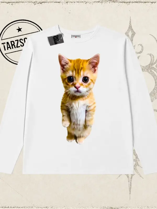 Unisex Sad Cat el gato Biskilet Yaka  Long Sleeve Beyaz