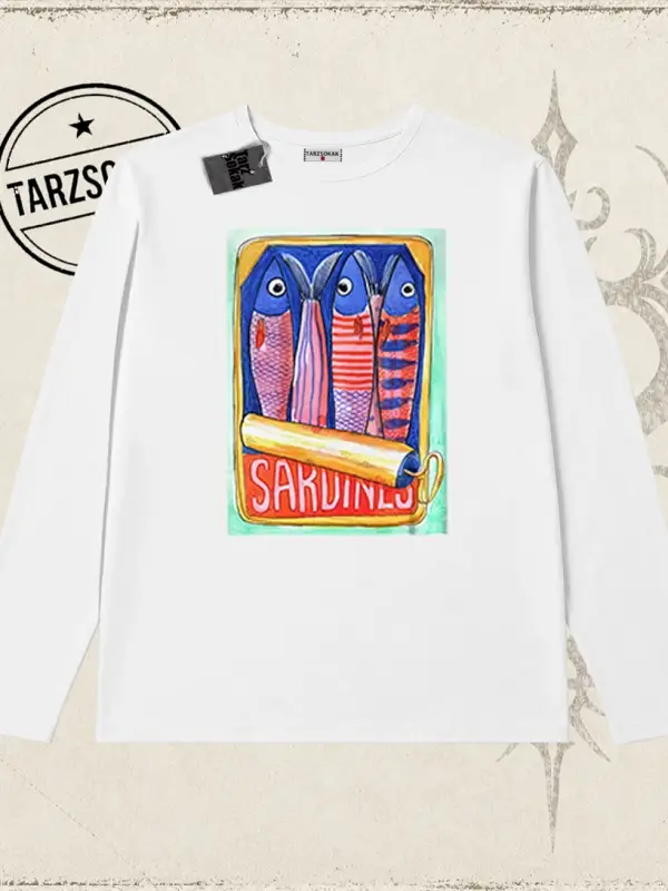 Unisex Sardines Tin Biskilet Yaka  Long Sleeve Beyaz