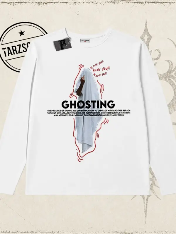 Unisex Siyah Ghosting Biskilet Yaka  Long Sleeve Beyaz