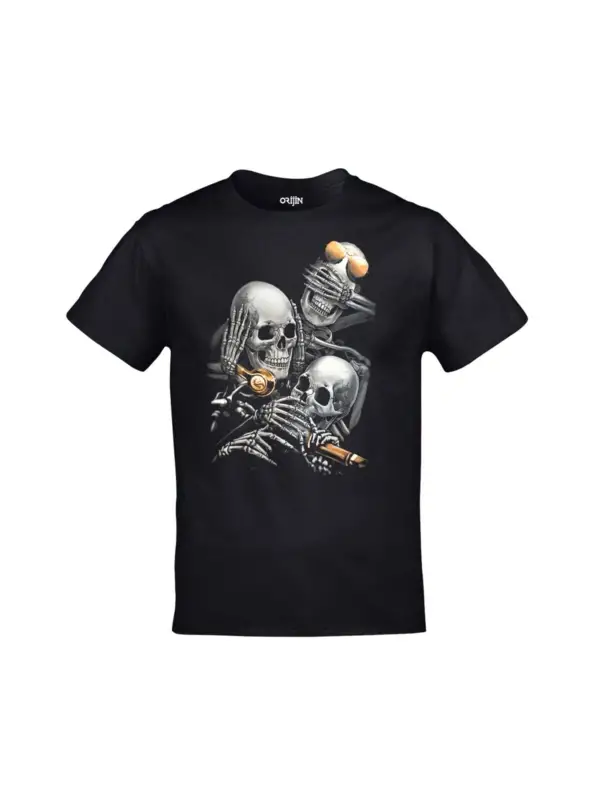 Unisex Siyah Kurukafa Üç Maymun Baskılı