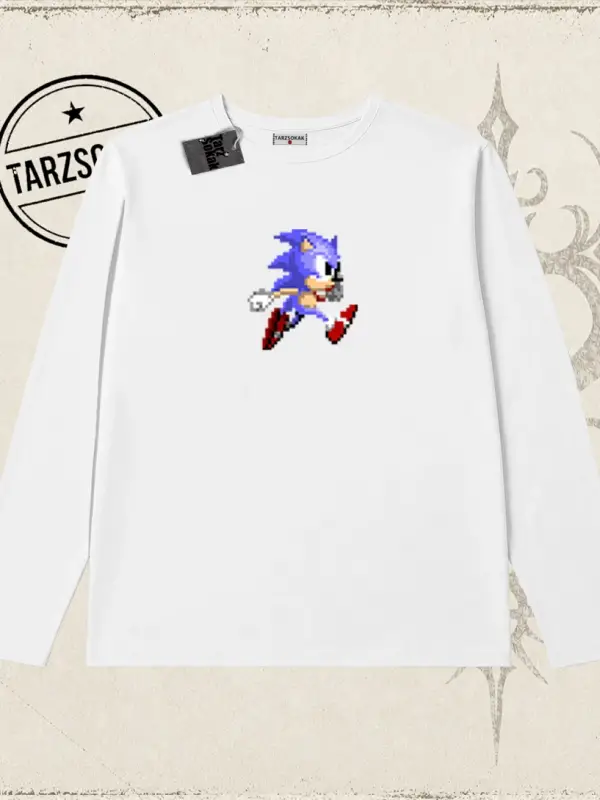 Unisex Sonic The Hedgehog Biskilet Yaka  Long Sleeve Beyaz