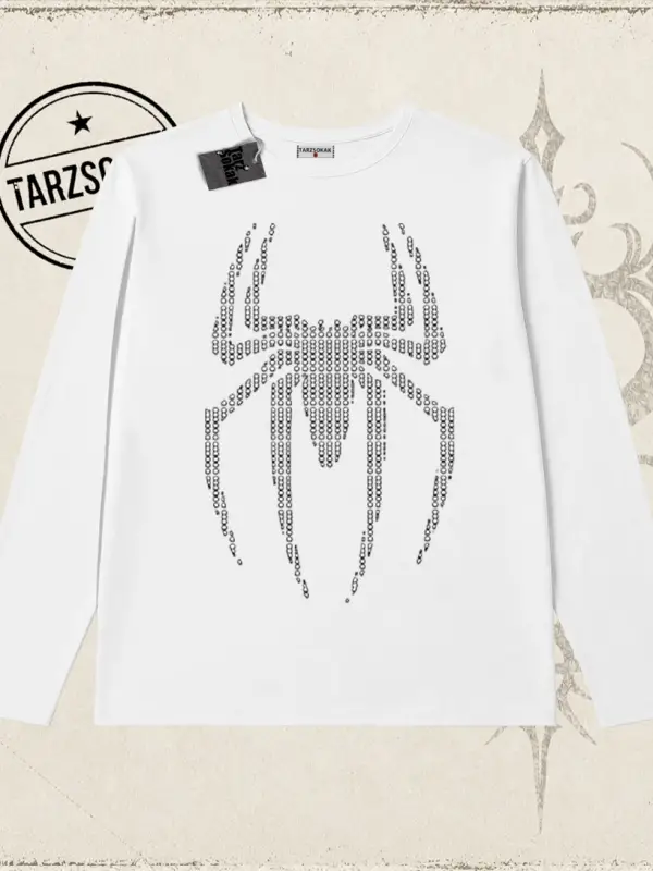 Unisex Spiderman Biskilet Yaka  Long Sleeve Beyaz
