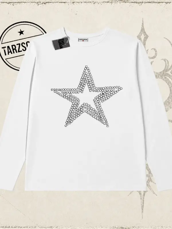 Unisex Star Stroke Biskilet Yaka  Long Sleeve Beyaz