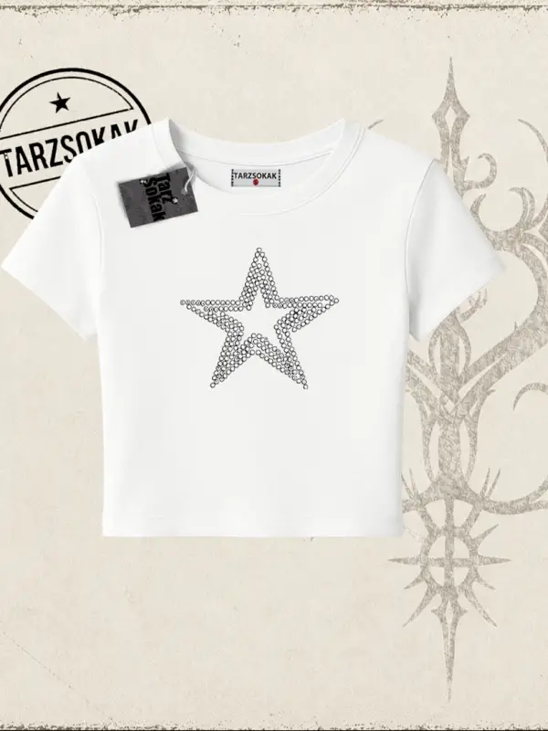 Unisex Star Stroke Kadın Baby Tee Beyaz